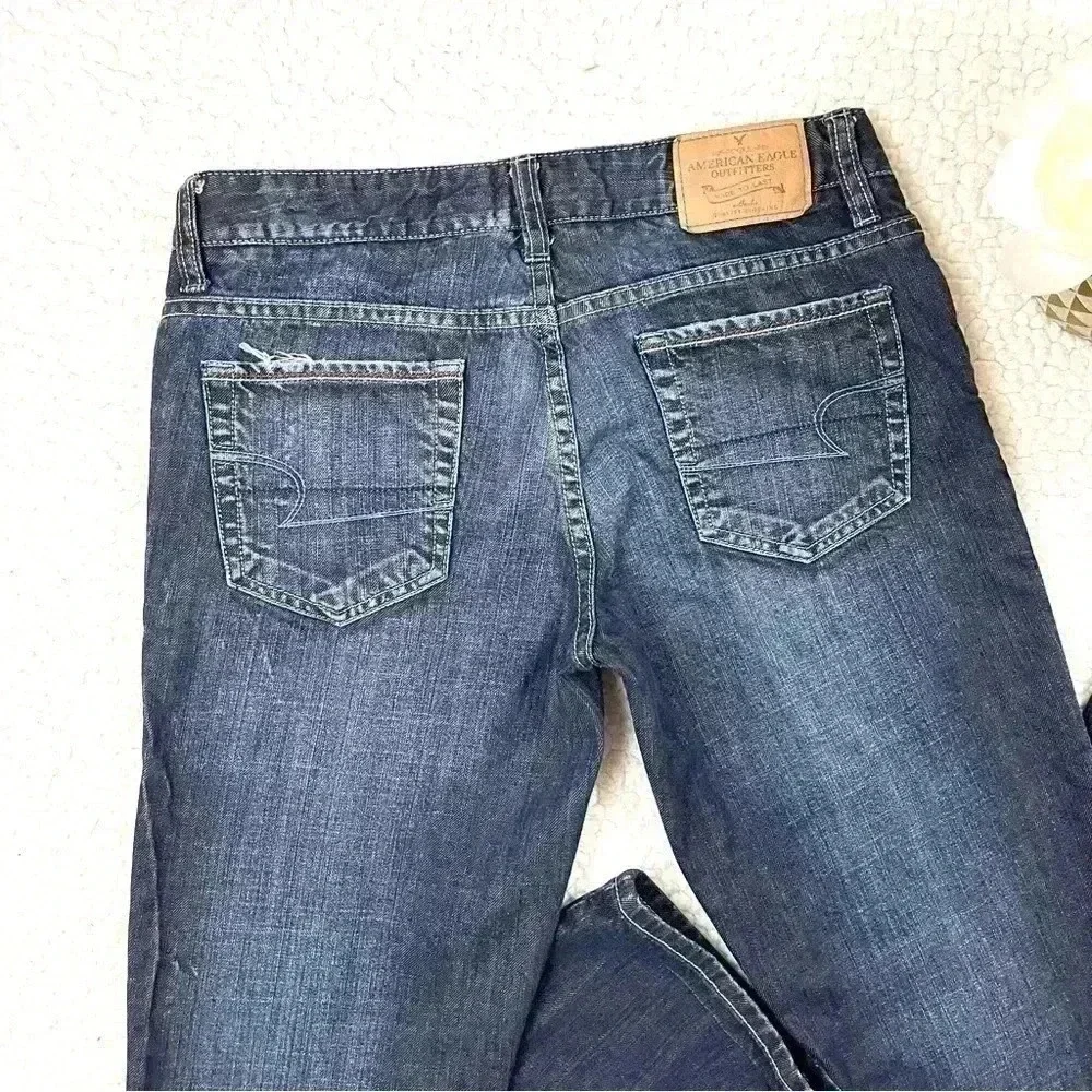 American Eagle‎ Straight 77 Med Wash Lowrise Faded Whiskered 100% Cotton Size 6